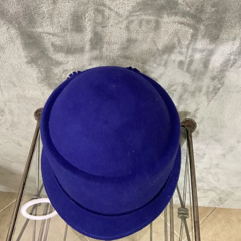 Vintage Andora Felt Cloche Bucket Hat Floral adjustable OS Royal Blue